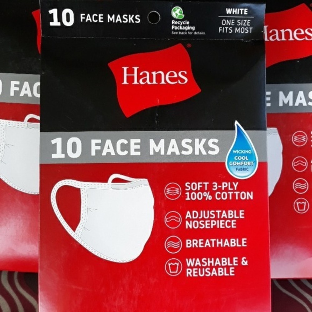 Hanes 10 Pack White Face Masks 100% Cotton 3-Ply‎ Adjustable Breathable Reusable